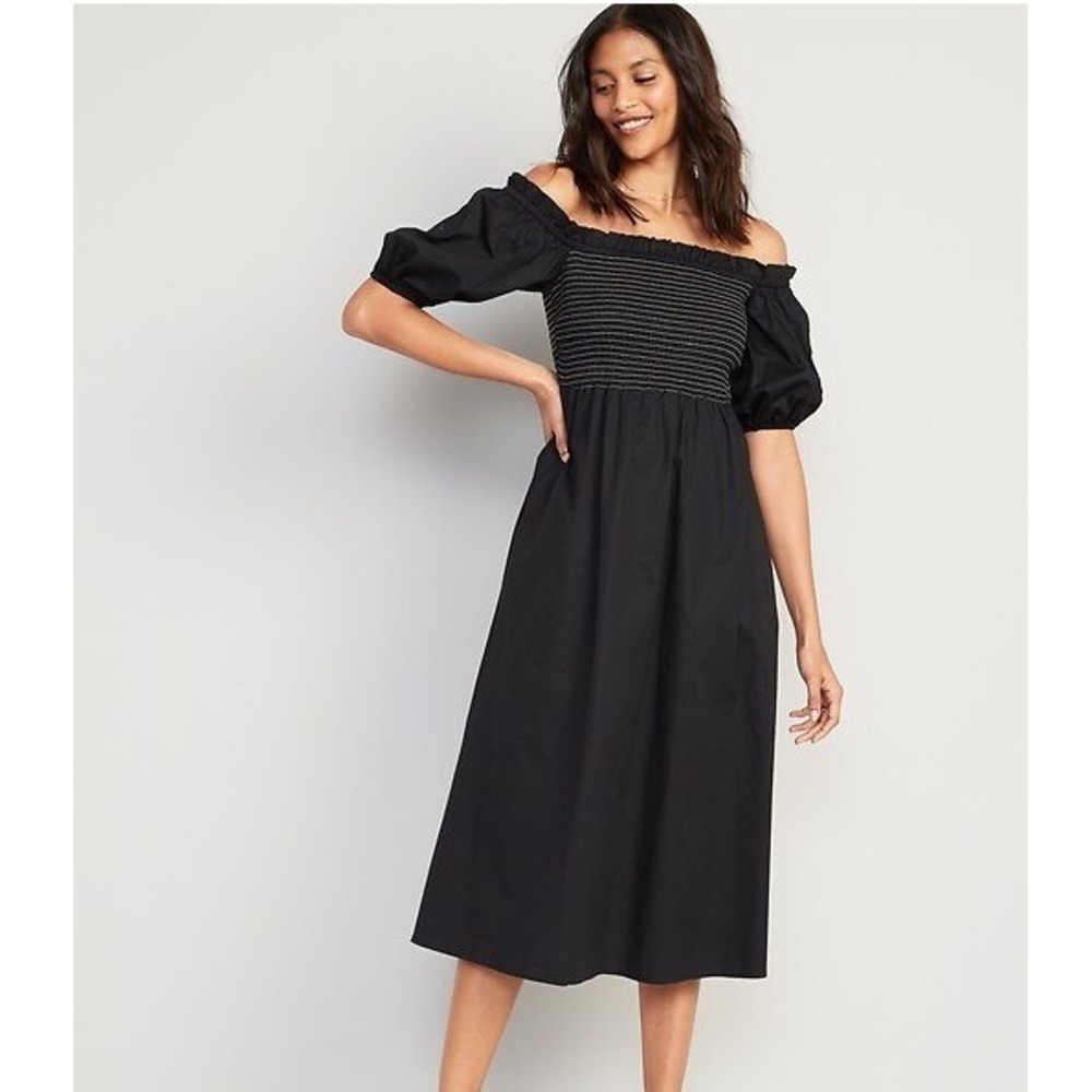 Old Navy Off The Shoulder Poplin Midi Dress XLP Black Jack‎ Smocked Dark Cottage